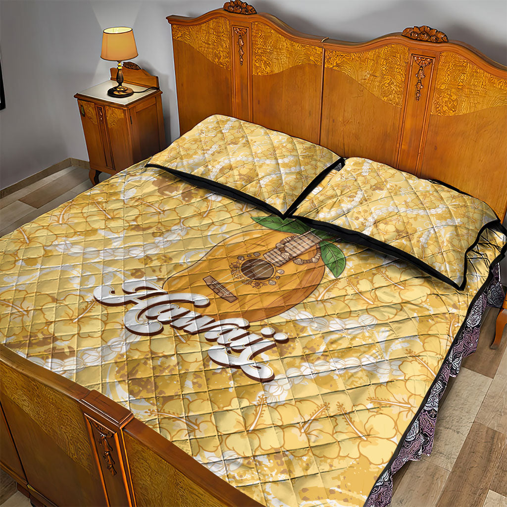 Hawaiian Mango Ukulele Quilt Bed Set Retro Yellow Hibiscus Pikake Lei