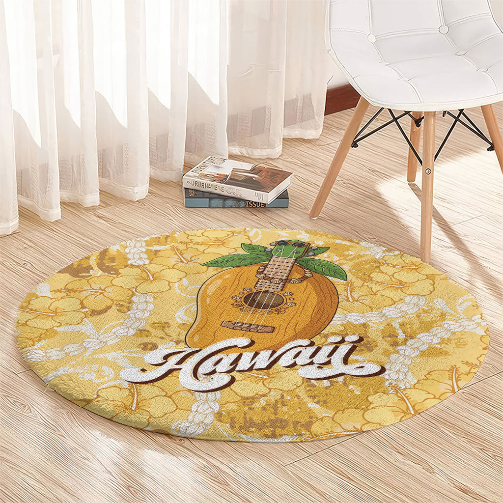 Hawaiian Mango Ukulele Round Carpet Retro Yellow Hibiscus Pikake Lei