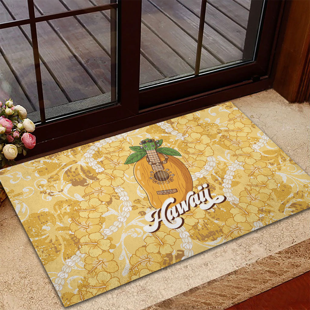 Hawaiian Mango Ukulele Rubber Doormat Retro Yellow Hibiscus Pikake Lei