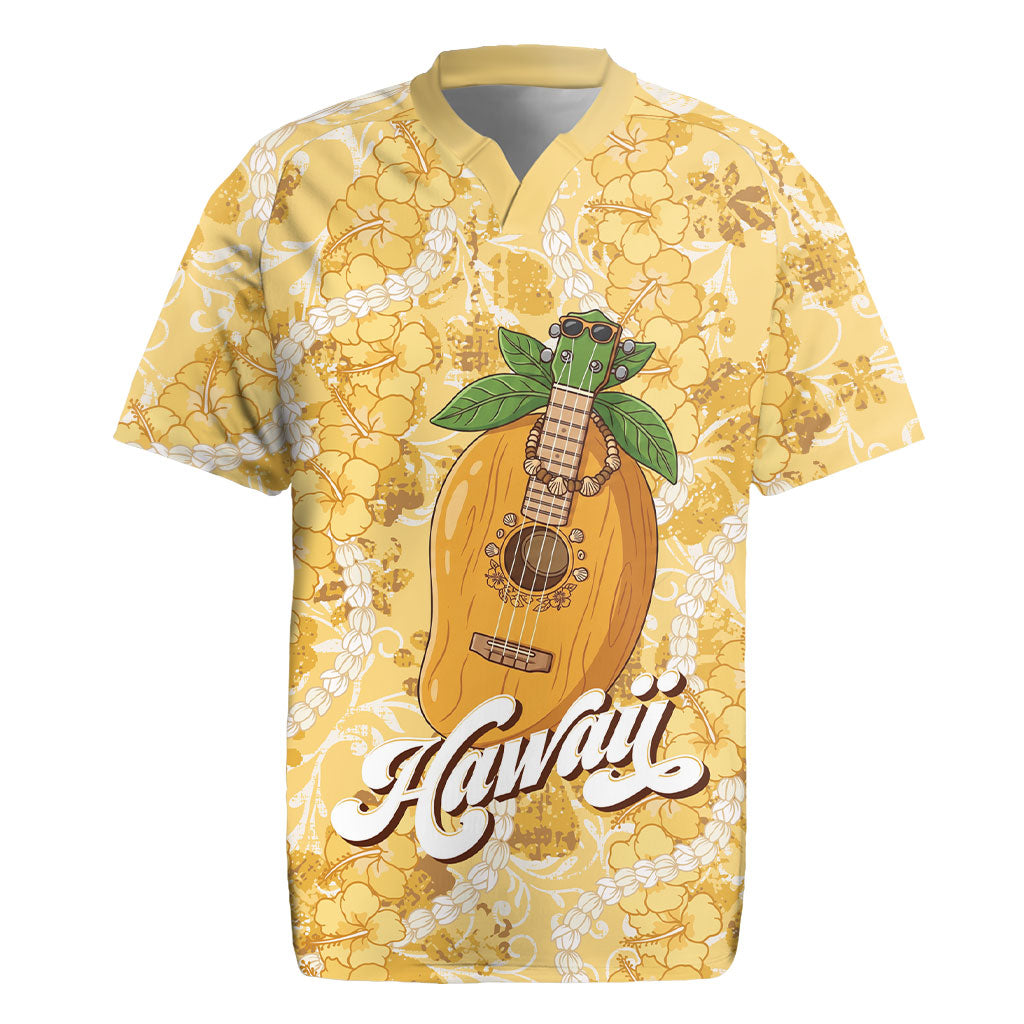 Hawaiian Mango Ukulele Rugby Jersey Retro Yellow Hibiscus Pikake Lei