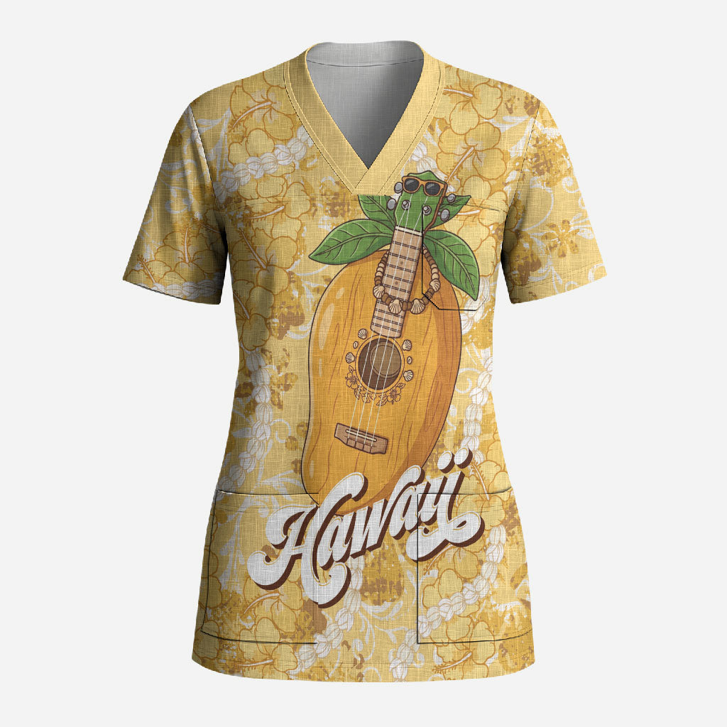 Hawaiian Mango Ukulele Scrub Top Retro Yellow Hibiscus Pikake Lei