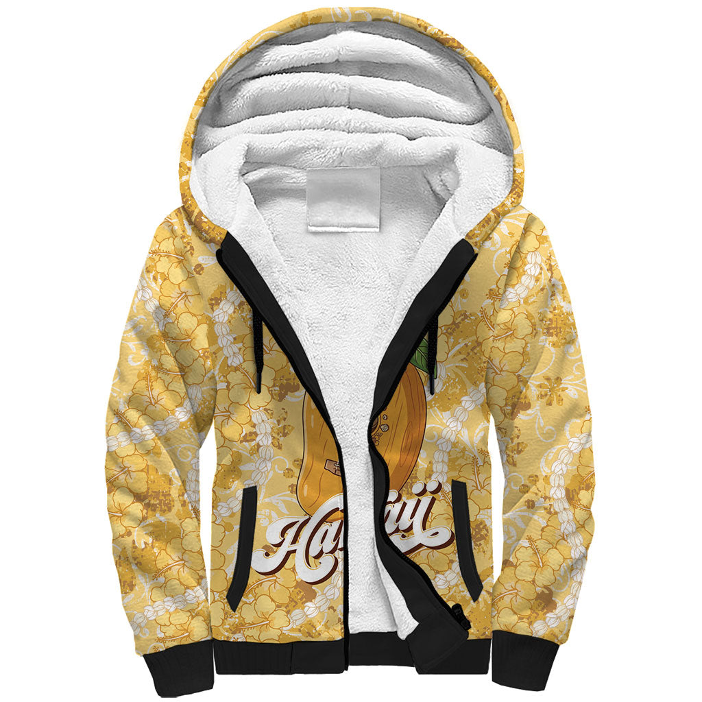 Hawaiian Mango Ukulele Sherpa Hoodie Retro Yellow Hibiscus Pikake Lei