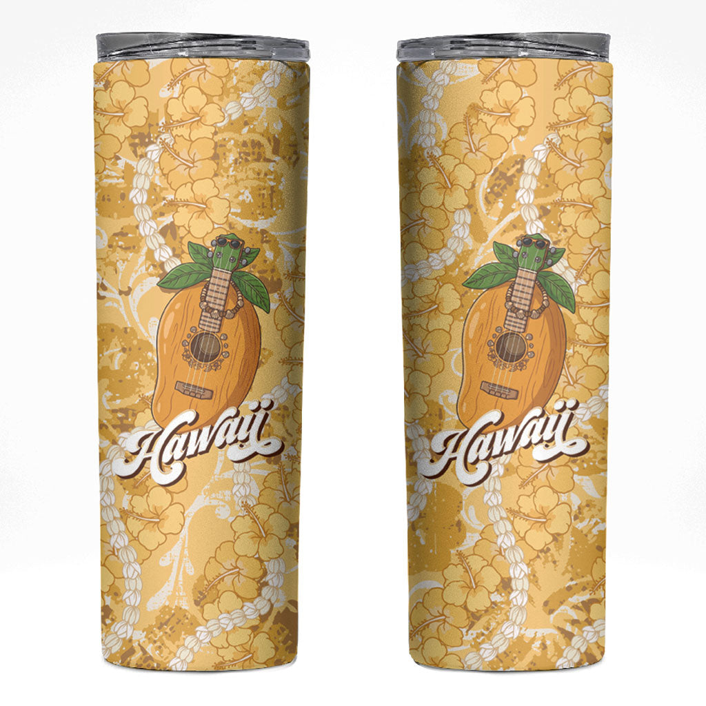 Hawaiian Mango Ukulele Skinny Tumbler Retro Yellow Hibiscus Pikake Lei