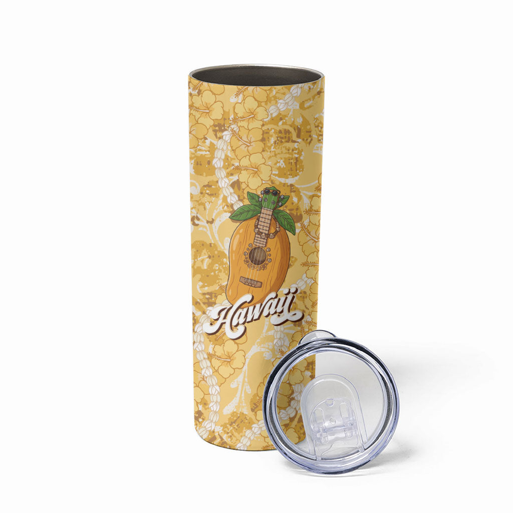 Hawaiian Mango Ukulele Skinny Tumbler Retro Yellow Hibiscus Pikake Lei