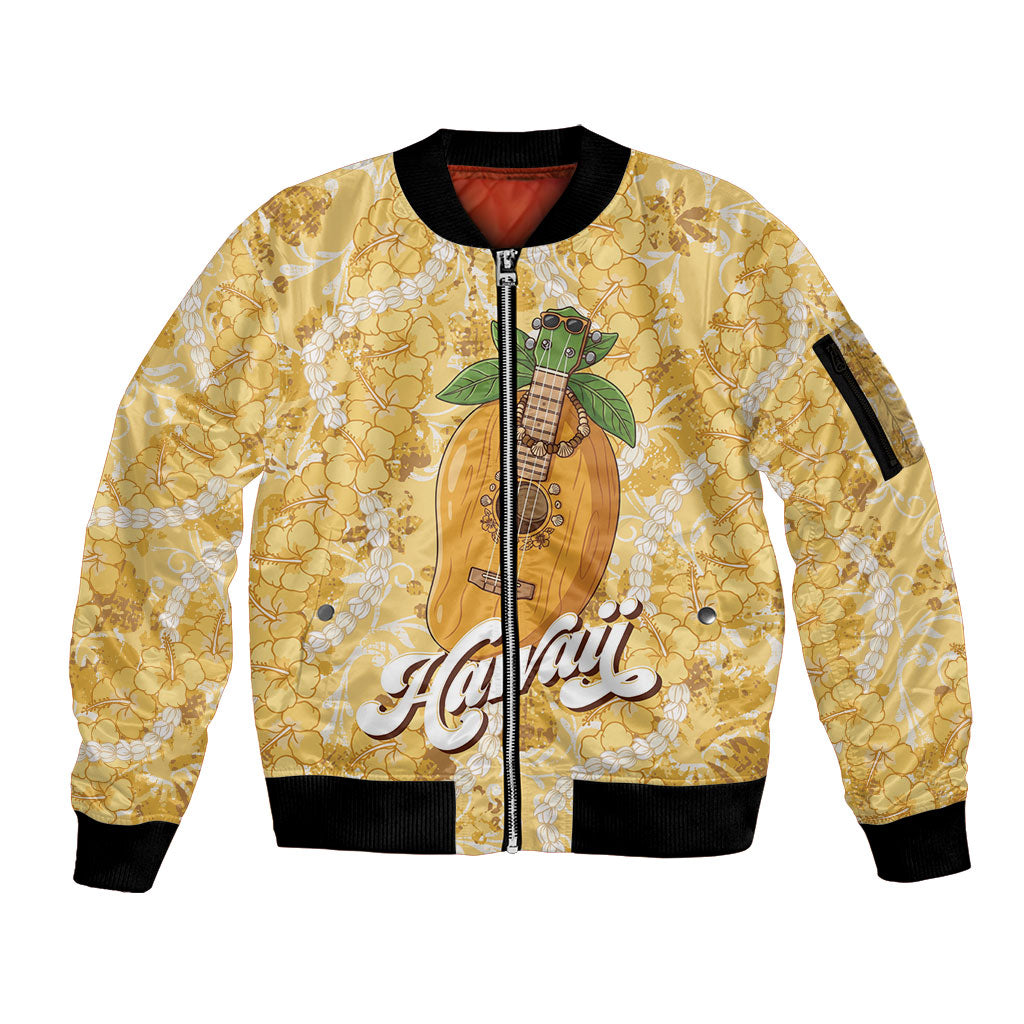 Hawaiian Mango Ukulele Sleeve Zip Bomber Jacket Retro Yellow Hibiscus Pikake Lei
