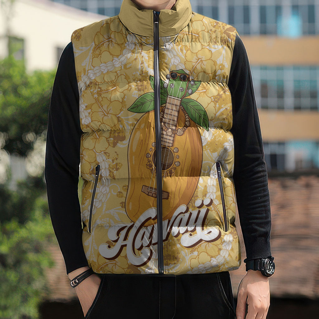 Hawaiian Mango Ukulele Sleeveless Puffer Jacket Retro Yellow Hibiscus Pikake Lei