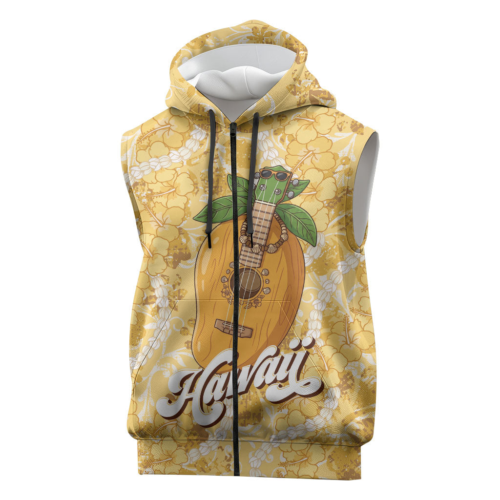 Hawaiian Mango Ukulele Sleeveless Zip Hoodie Retro Yellow Hibiscus Pikake Lei