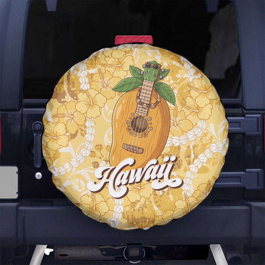 Hawaiian Mango Ukulele Spare Tire Cover Retro Yellow Hibiscus Pikake Lei