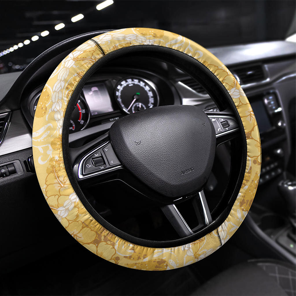 Hawaiian Mango Ukulele Steering Wheel Cover Retro Yellow Hibiscus Pikake Lei