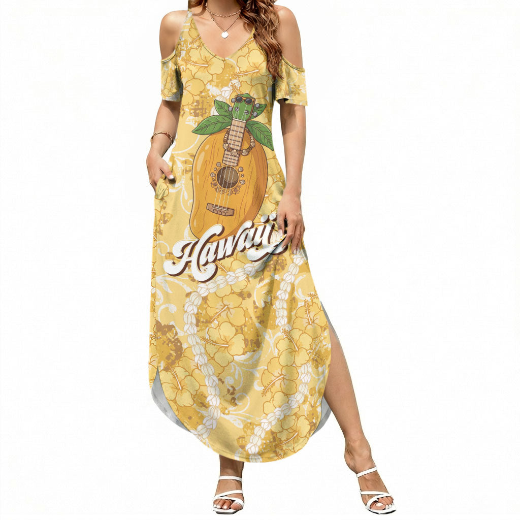 Hawaiian Mango Ukulele Summer Maxi Dress Retro Yellow Hibiscus Pikake Lei