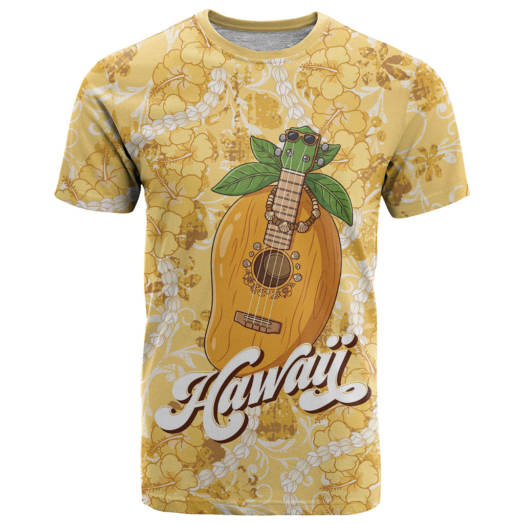 Hawaiian Mango Ukulele T Shirt Retro Yellow Hibiscus Pikake Lei