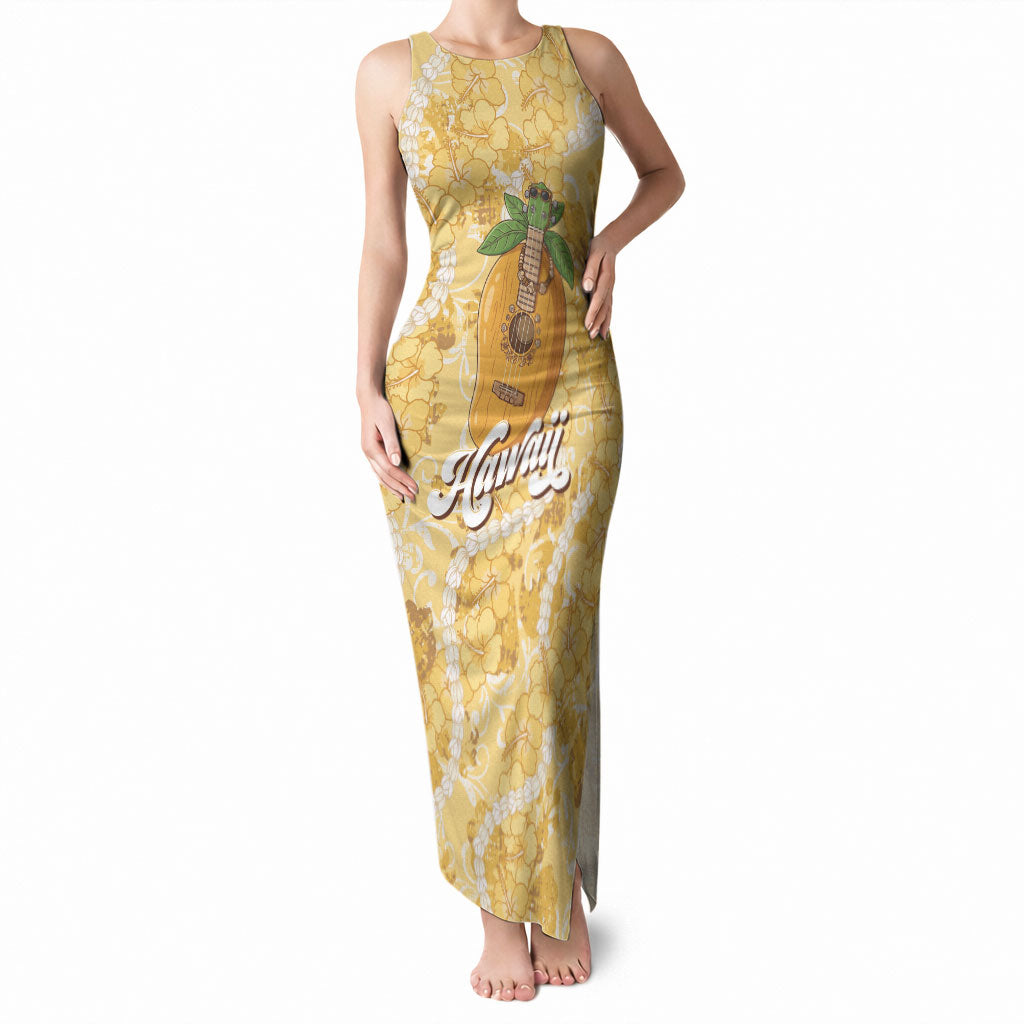 Hawaiian Mango Ukulele Tank Maxi Dress Retro Yellow Hibiscus Pikake Lei