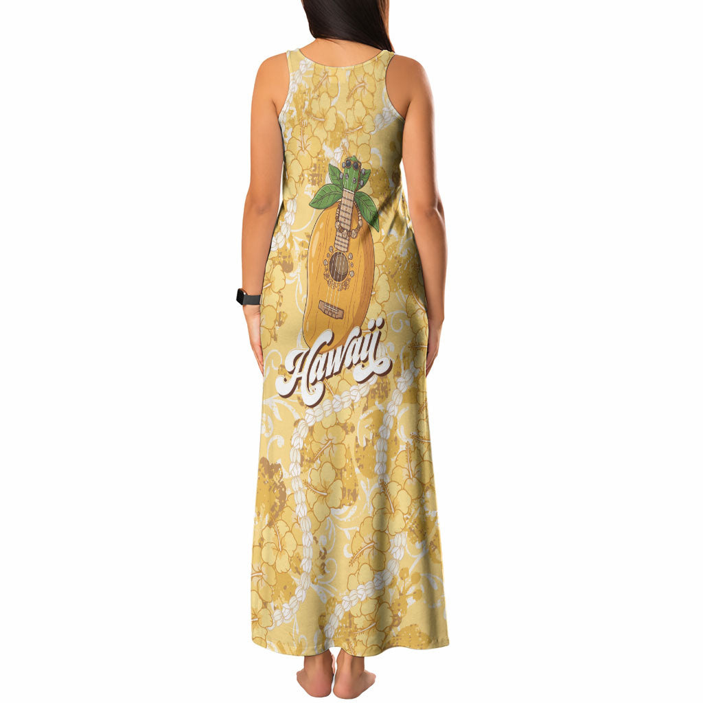 Hawaiian Mango Ukulele Tank Maxi Dress Retro Yellow Hibiscus Pikake Lei