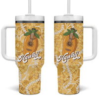 Hawaiian Mango Ukulele Tumbler With Handle Retro Yellow Hibiscus Pikake Lei