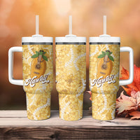 Hawaiian Mango Ukulele Tumbler With Handle Retro Yellow Hibiscus Pikake Lei