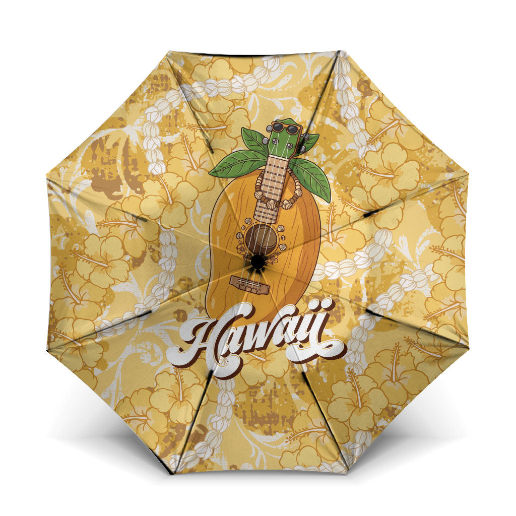 Hawaiian Mango Ukulele Umbrella Retro Yellow Hibiscus Pikake Lei
