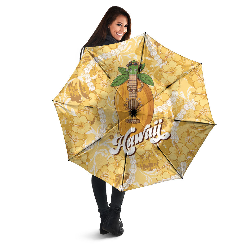 Hawaiian Mango Ukulele Umbrella Retro Yellow Hibiscus Pikake Lei