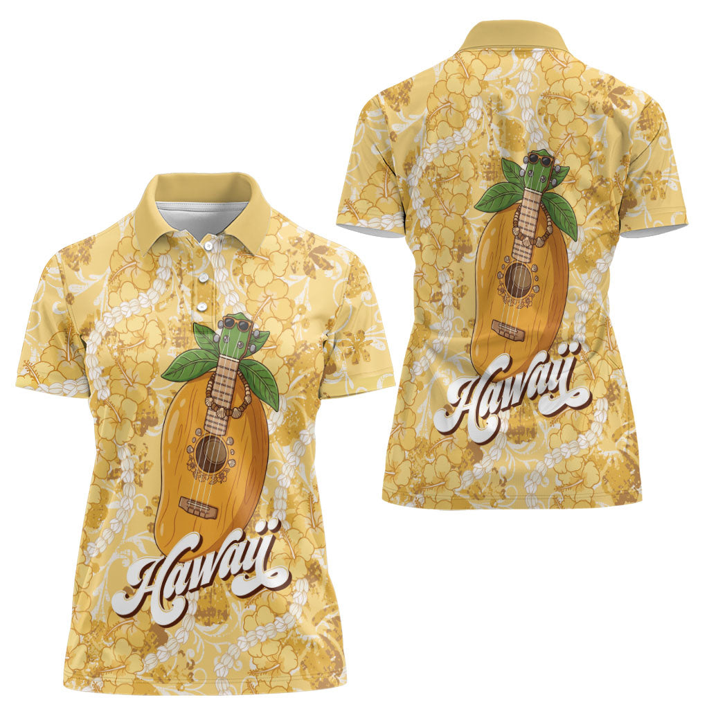 Hawaiian Mango Ukulele Women Polo Shirt Retro Yellow Hibiscus Pikake Lei