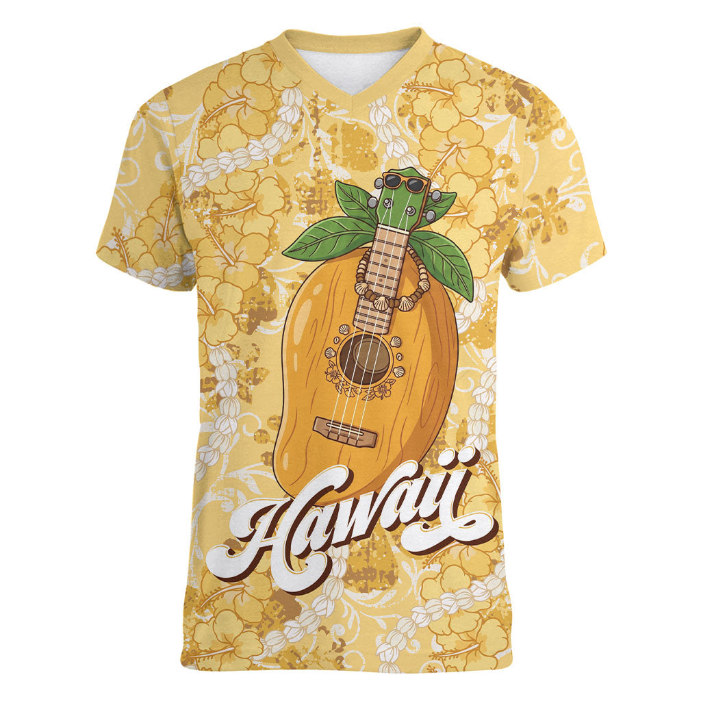 Hawaiian Mango Ukulele Women V-Neck T-Shirt Retro Yellow Hibiscus Pikake Lei