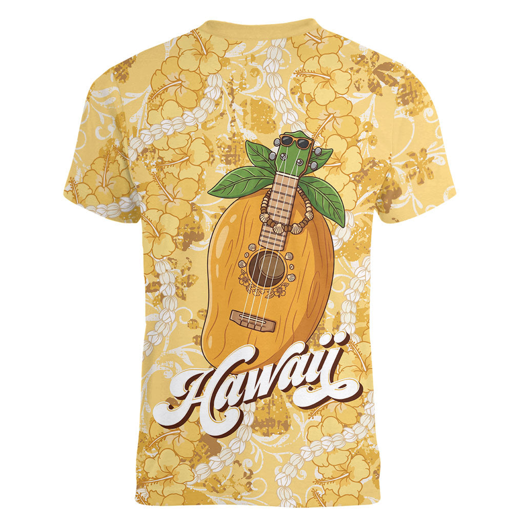 Hawaiian Mango Ukulele Women V-Neck T-Shirt Retro Yellow Hibiscus Pikake Lei