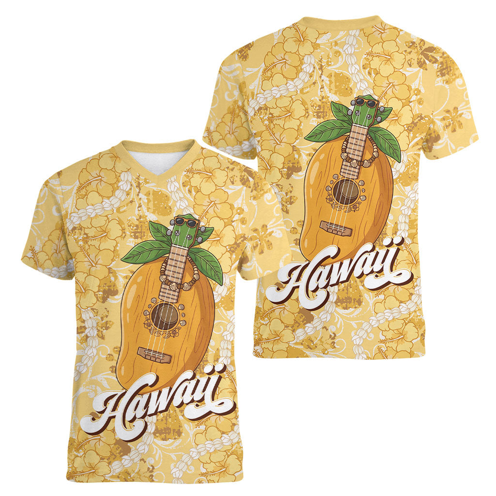 Hawaiian Mango Ukulele Women V-Neck T-Shirt Retro Yellow Hibiscus Pikake Lei