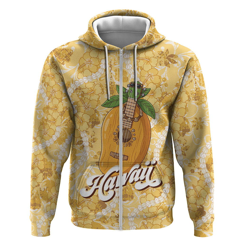 Hawaiian Mango Ukulele Zip Hoodie Retro Yellow Hibiscus Pikake Lei