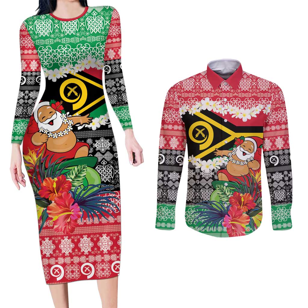 Personalised Vanuatu Joyeux Noel Couples Matching Long Sleeve Bodycon Dress and Long Sleeve Button Shirt Proud To Be a Ni-Van Sand Drawing Art LT9 Red - Polynesian Pride