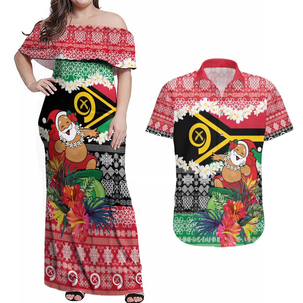 Personalised Vanuatu Joyeux Noel Couples Matching Off Shoulder Maxi Dress and Hawaiian Shirt Proud To Be a Ni-Van Sand Drawing Art - Polynesian Pride