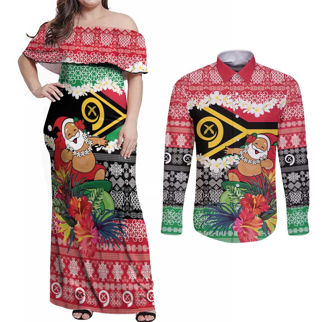 Personalised Vanuatu Joyeux Noel Couples Matching Off Shoulder Maxi Dress and Long Sleeve Button Shirt Proud To Be a Ni-Van Sand Drawing Art LT9 Red - Polynesian Pride