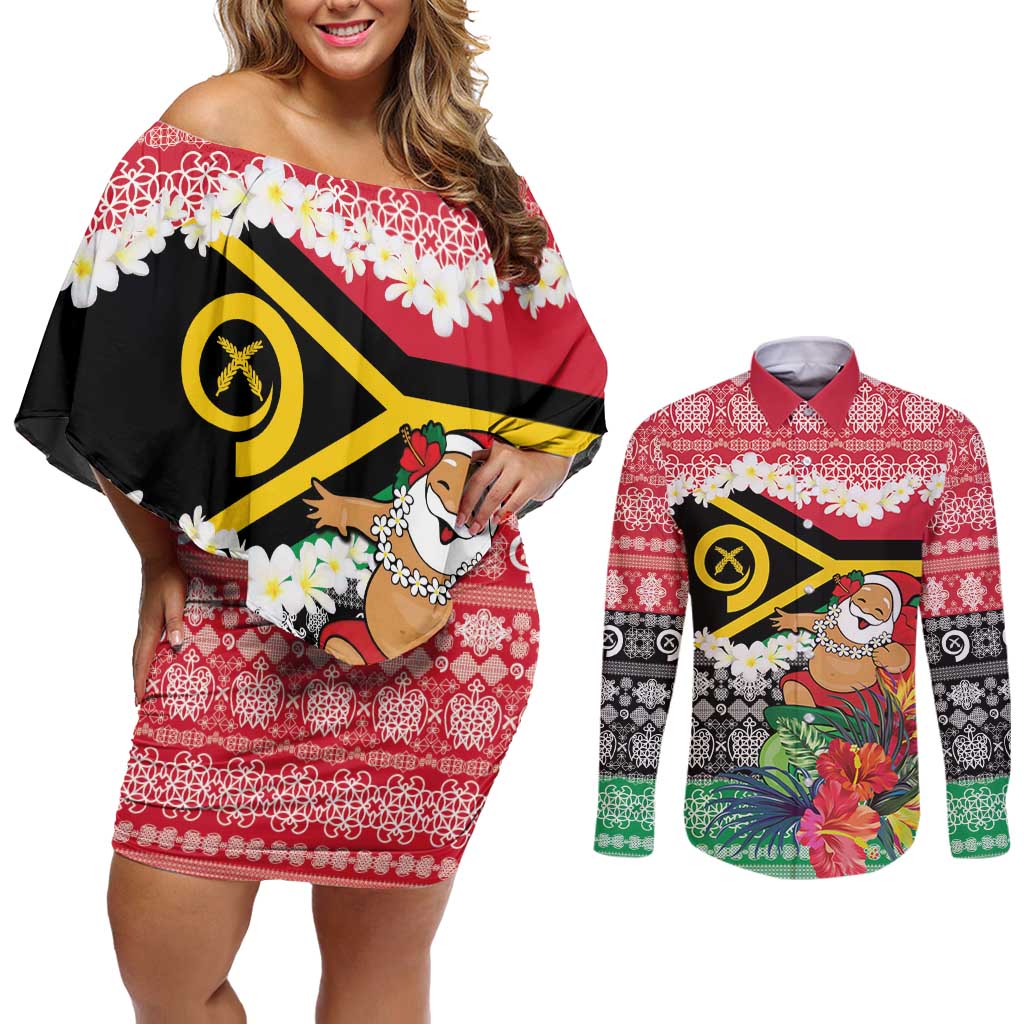 Personalised Vanuatu Joyeux Noel Couples Matching Off Shoulder Short Dress and Long Sleeve Button Shirt Proud To Be a Ni-Van Sand Drawing Art LT9 Red - Polynesian Pride
