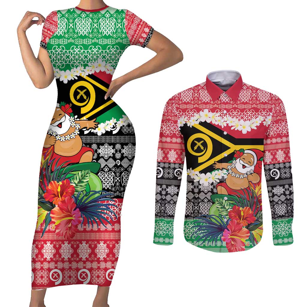 Personalised Vanuatu Joyeux Noel Couples Matching Short Sleeve Bodycon Dress and Long Sleeve Button Shirt Proud To Be a Ni-Van Sand Drawing Art LT9 Red - Polynesian Pride