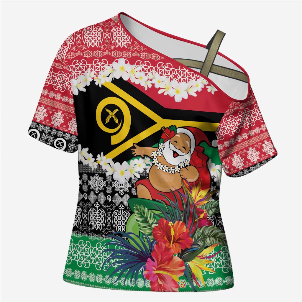 Personalised Vanuatu Joyeux Noel Cross Shoulder Shirt Proud To Be a Ni-Van Sand Drawing Art LT9 Female Red - Polynesian Pride