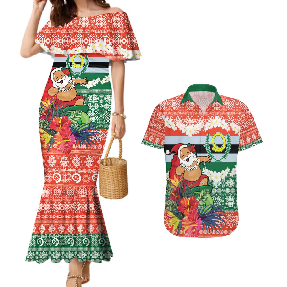 Personalised Penama Joyeux Noel Couples Matching Mermaid Dress and Hawaiian Shirt Proud To Be a Ni-Van Sand Drawing Art - Polynesian Pride