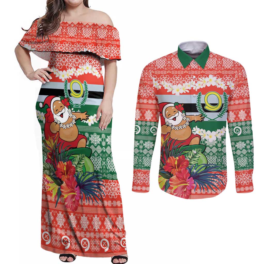 Personalised Penama Joyeux Noel Couples Matching Off Shoulder Maxi Dress and Long Sleeve Button Shirt Proud To Be a Ni-Van Sand Drawing Art LT9 Red - Polynesian Pride