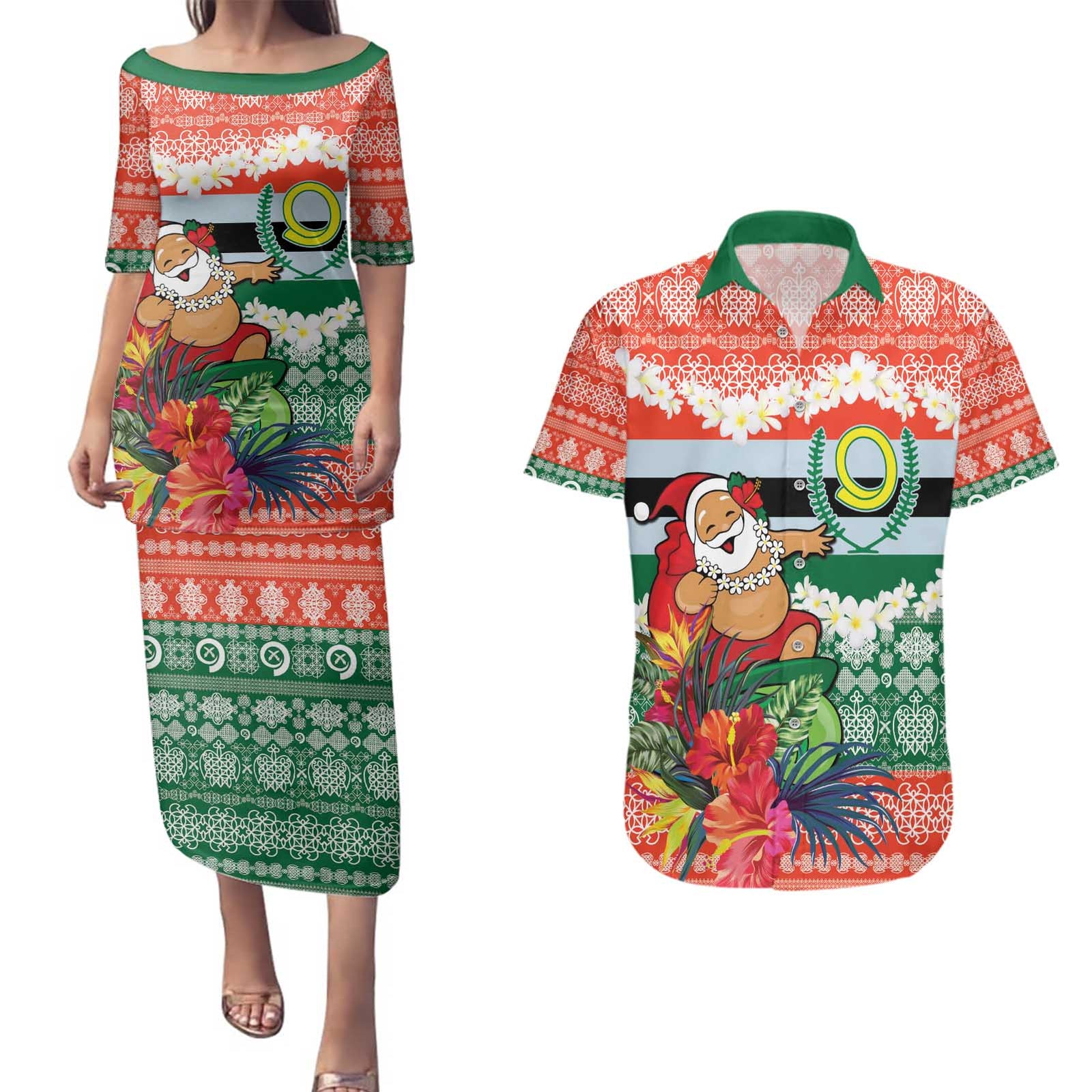 Personalised Penama Joyeux Noel Couples Matching Puletasi and Hawaiian Shirt Proud To Be a Ni-Van Sand Drawing Art LT9 Red - Polynesian Pride