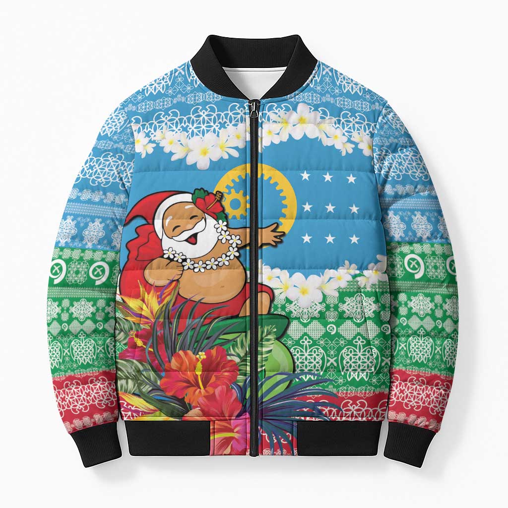 Personalised Sanma Joyeux Noel Bomber Puffer Jacket Proud To Be a Ni-Van Sand Drawing Art LT9 Unisex Blue - Polynesian Pride