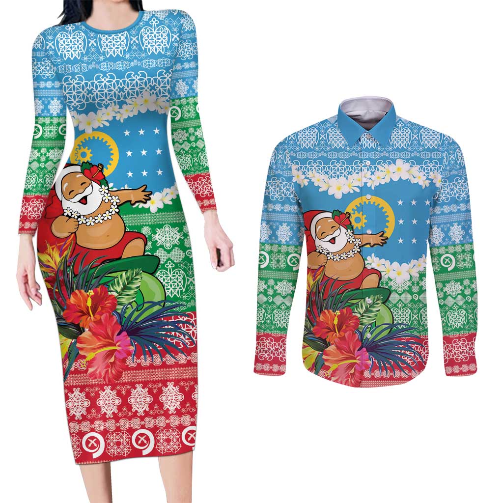 Personalised Sanma Joyeux Noel Couples Matching Long Sleeve Bodycon Dress and Long Sleeve Button Shirt Proud To Be a Ni-Van Sand Drawing Art LT9 Blue - Polynesian Pride