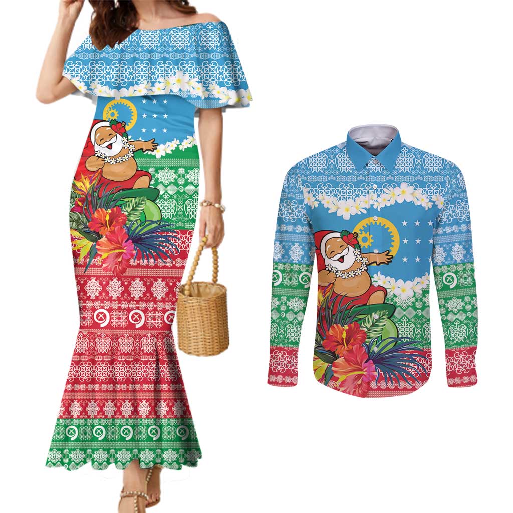 Personalised Sanma Joyeux Noel Couples Matching Mermaid Dress and Long Sleeve Button Shirt Proud To Be a Ni-Van Sand Drawing Art LT9 Blue - Polynesian Pride