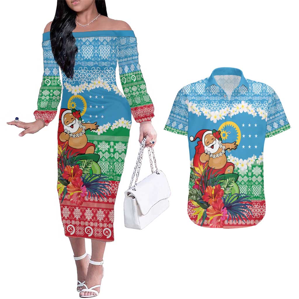 Personalised Sanma Joyeux Noel Couples Matching Off The Shoulder Long Sleeve Dress and Hawaiian Shirt Proud To Be a Ni-Van Sand Drawing Art - Polynesian Pride