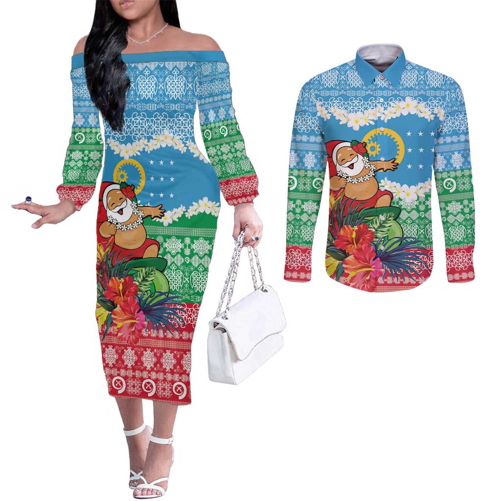 Personalised Sanma Joyeux Noel Couples Matching Off The Shoulder Long Sleeve Dress and Long Sleeve Button Shirt Proud To Be a Ni-Van Sand Drawing Art LT9 Blue - Polynesian Pride