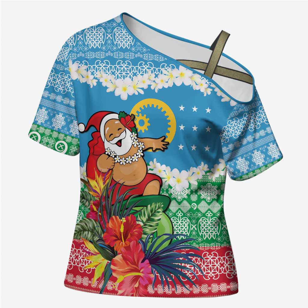 Personalised Sanma Joyeux Noel Cross Shoulder Shirt Proud To Be a Ni-Van Sand Drawing Art LT9 Female Blue - Polynesian Pride