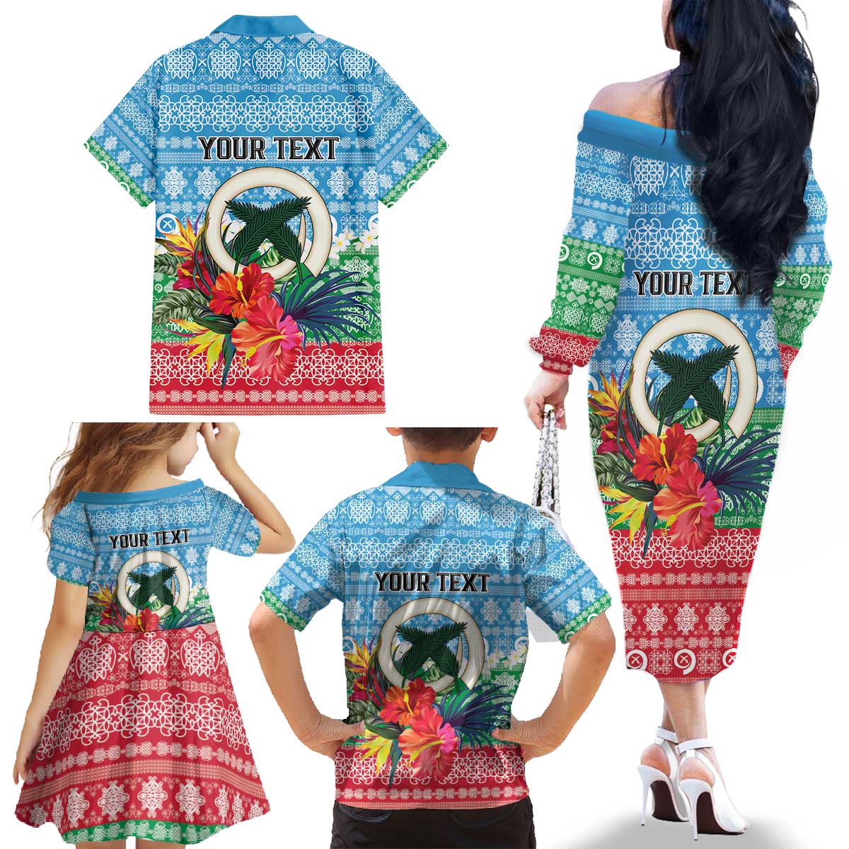 Personalised Sanma Joyeux Noel Family Matching Off The Shoulder Long Sleeve Dress and Hawaiian Shirt Proud To Be a Ni-Van Sand Drawing Art - Polynesian Pride