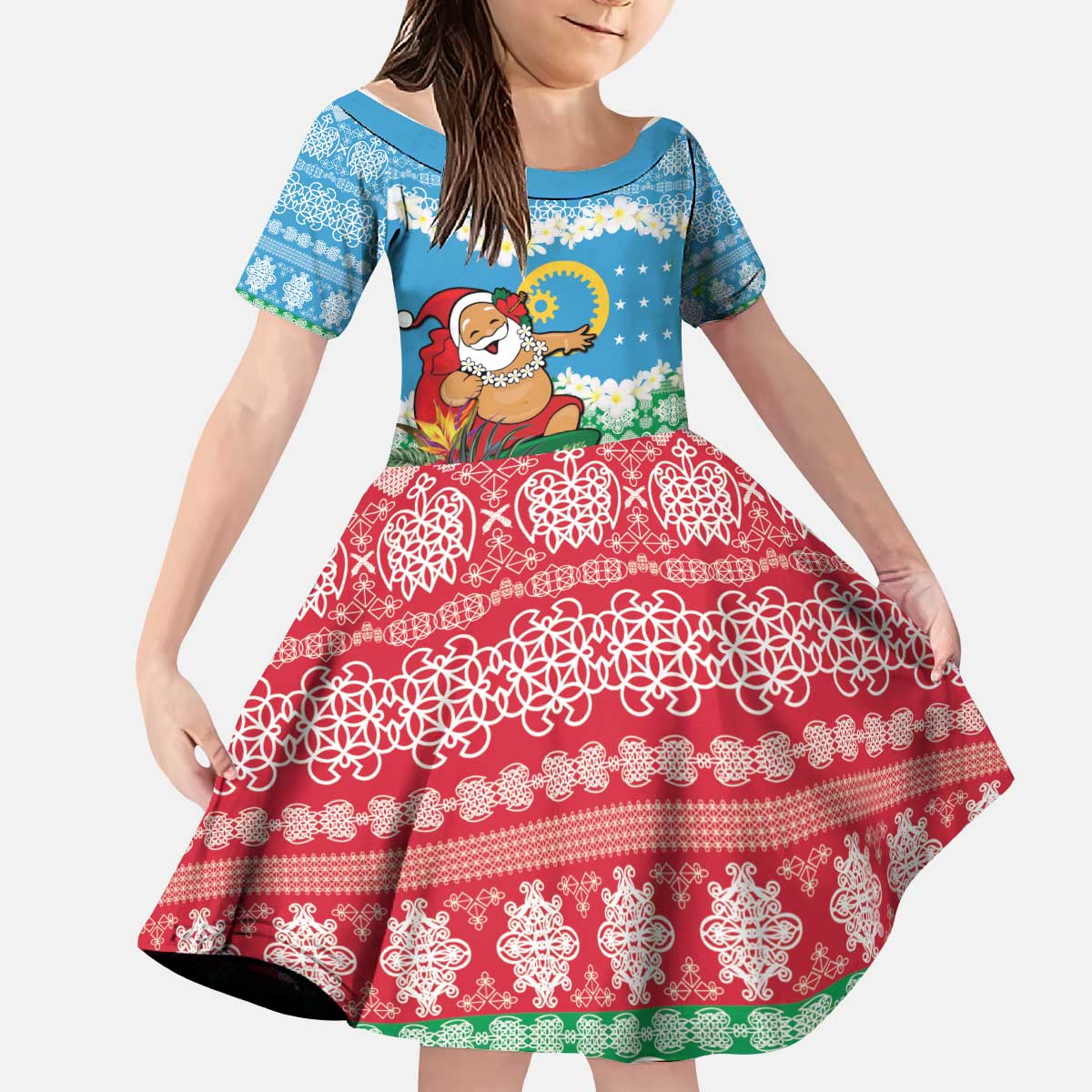 Personalised Sanma Joyeux Noel Kid Short Sleeve Dress Proud To Be a Ni-Van Sand Drawing Art - Polynesian Pride
