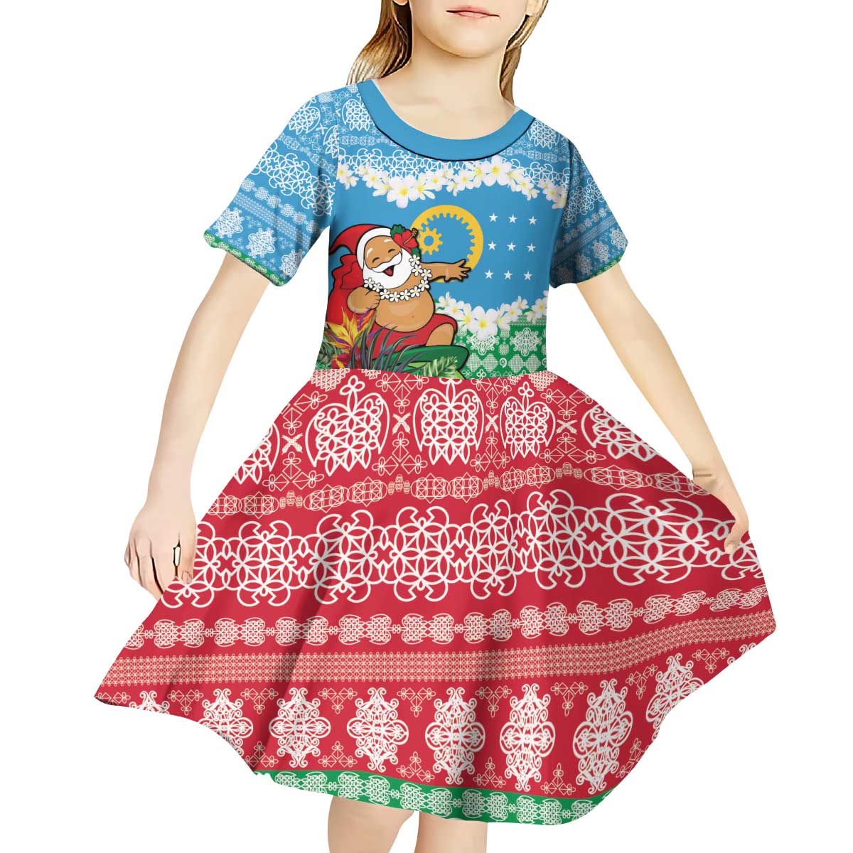 Personalised Sanma Joyeux Noel Kid Short Sleeve Dress Proud To Be a Ni-Van Sand Drawing Art - Polynesian Pride