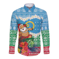 Personalised Sanma Joyeux Noel Long Sleeve Button Shirt Proud To Be a Ni-Van Sand Drawing Art LT9 Unisex Blue - Polynesian Pride