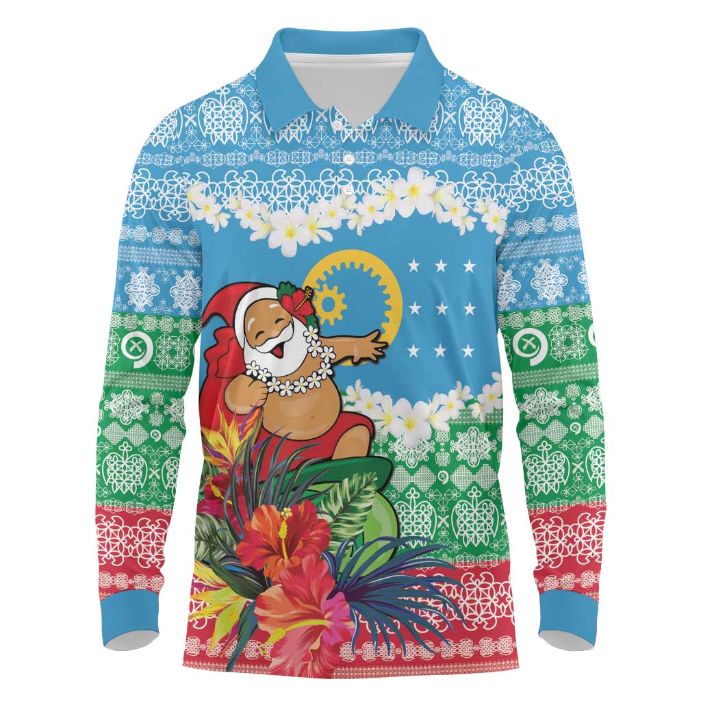 Personalised Sanma Joyeux Noel Long Sleeve Polo Shirt Proud To Be a Ni-Van Sand Drawing Art LT9 Blue - Polynesian Pride
