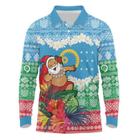 Personalised Sanma Joyeux Noel Long Sleeve Polo Shirt Proud To Be a Ni-Van Sand Drawing Art LT9 Blue - Polynesian Pride
