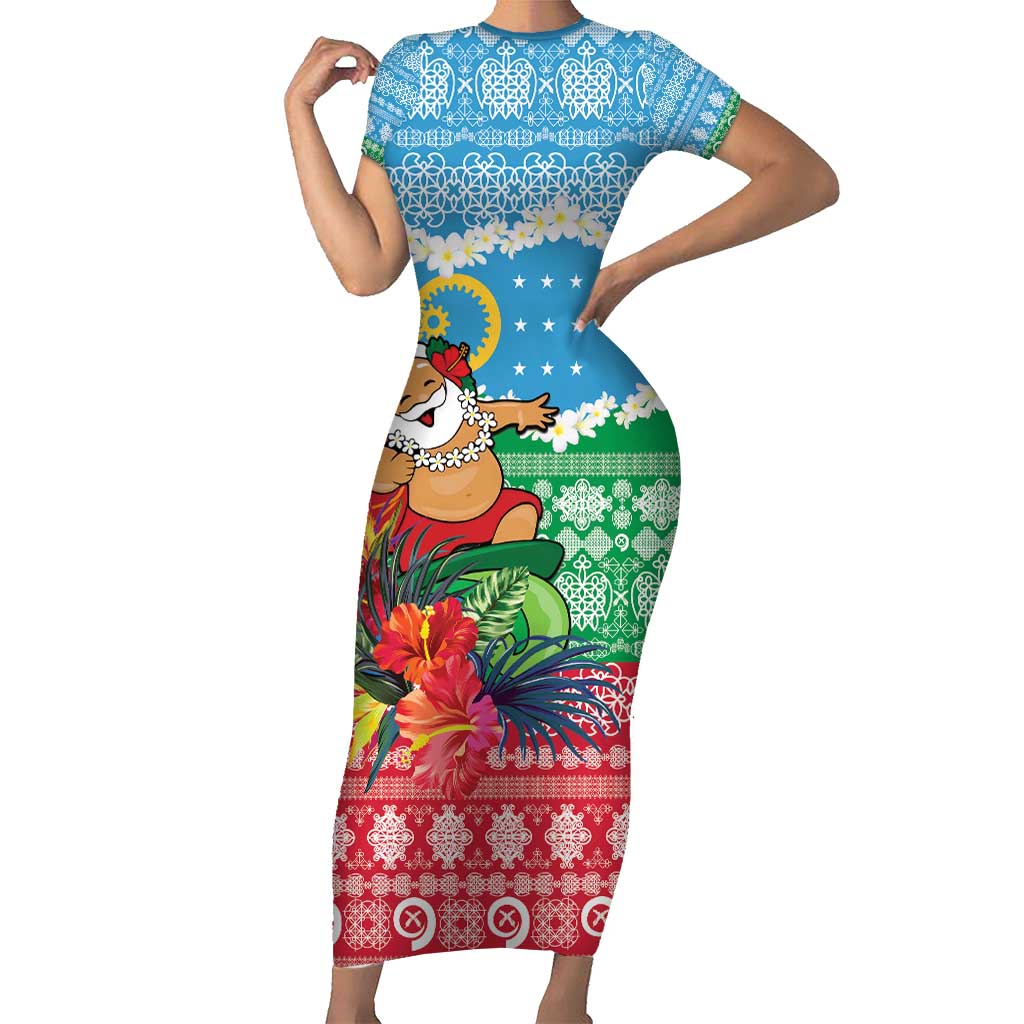 Personalised Sanma Joyeux Noel Short Sleeve Bodycon Dress Proud To Be a Ni-Van Sand Drawing Art - Polynesian Pride