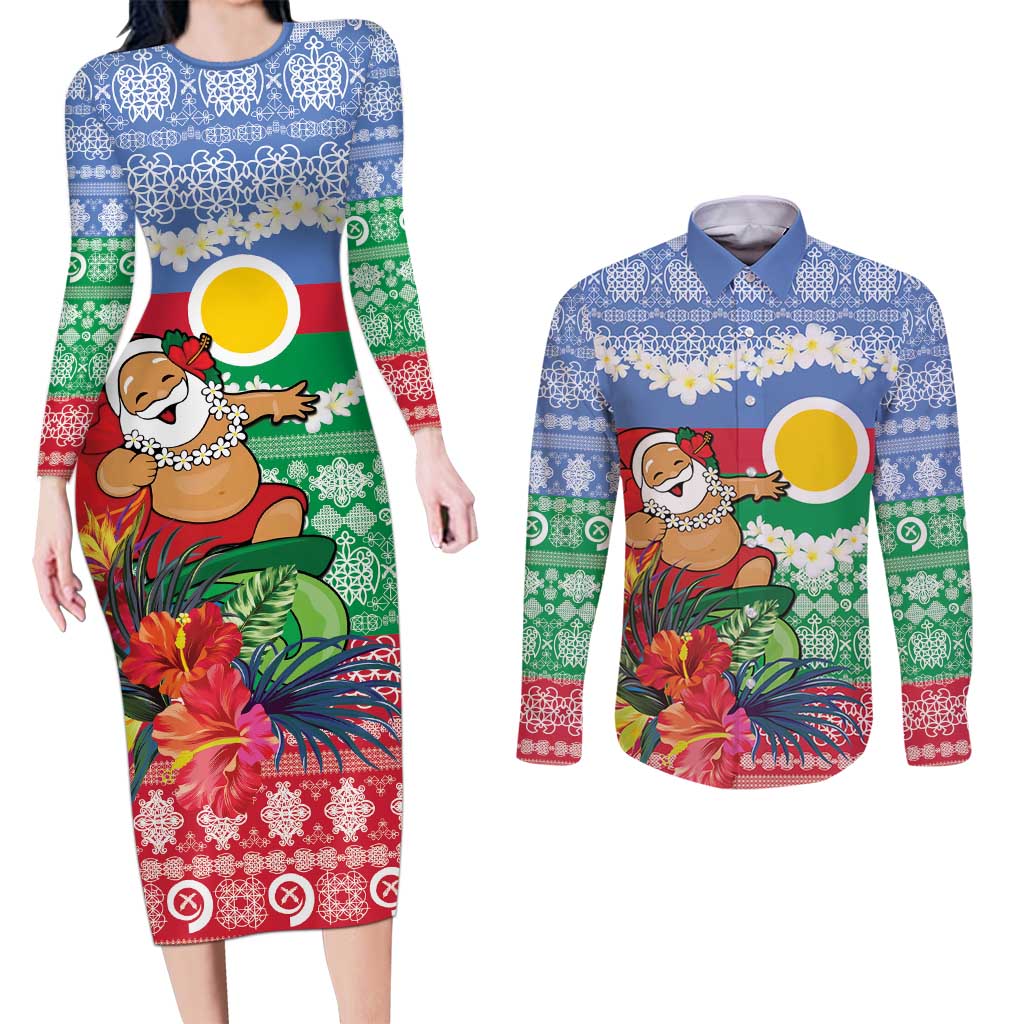 Personalised Shefa Joyeux Noel Couples Matching Long Sleeve Bodycon Dress and Long Sleeve Button Shirt Proud To Be a Ni-Van Sand Drawing Art LT9 Blue - Polynesian Pride