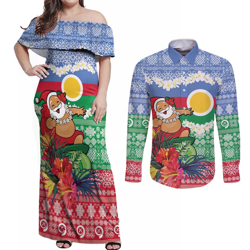 Personalised Shefa Joyeux Noel Couples Matching Off Shoulder Maxi Dress and Long Sleeve Button Shirt Proud To Be a Ni-Van Sand Drawing Art LT9 Blue - Polynesian Pride